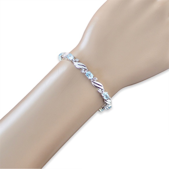 Vintage Sky Blue Topaz Sterling Silver Tennis Bracelet Light Blue Oval Gemstone - Picture 2 of 4